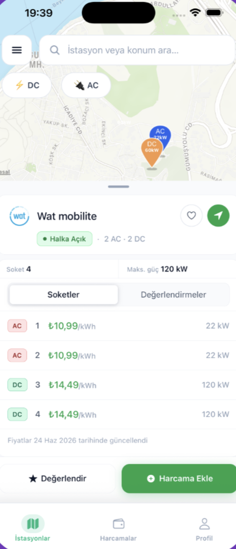 Şarj Radarı harita ve istasyon detay ekranı